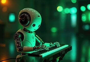 Poster - A white robot plays a keyboard with green lights in the background.