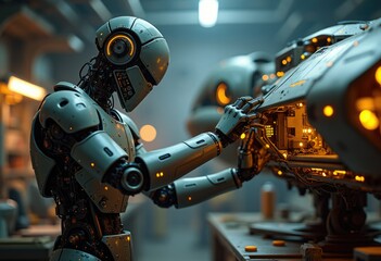 Poster - A robotic hand reaches into a futuristic spacecraft  inspecting its intricate workings.
