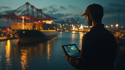 Poster - Managing cargo operations shipping port digital monitoring evening close-up view maritime logistics for efficiency