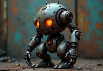 Aufkleber - A small  weathered robot with glowing eyes stands on a rusty surface.