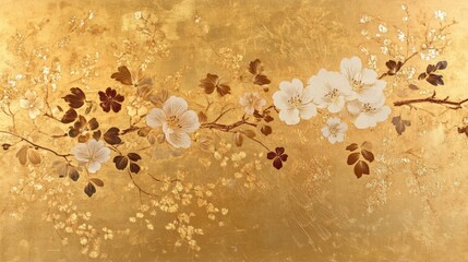 Poster - Blooming cherry blossoms elegant gold background floral artwork asian aesthetic close-up nature's beauty in design