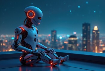 Poster - A futuristic robot sits alone on a rooftop overlooking a city at night.