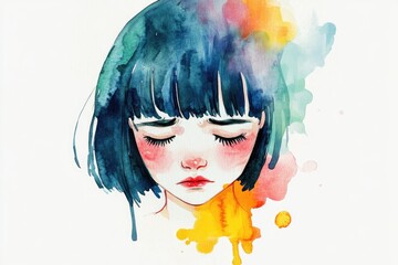 Poster - Watercolor portrait of a woman with distinctive blue hair, suitable for fantasy or sci-fi illustrations