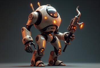 Aufkleber - A futuristic robot with glowing orange lights and a unique weapon.