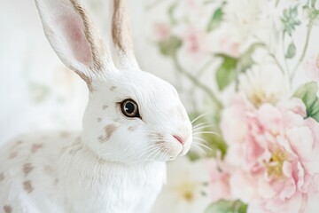 Poster - A white rabbit sits comfortably in front of a colorful floral wallpaper