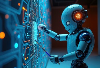 Poster - Humanoid robot demonstrates artificial intelligence with digital circuit board.