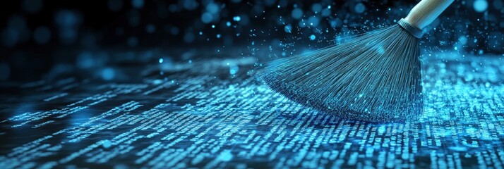 cleaning of big data in IT security concept, A broom sweeping up blue digital data code background