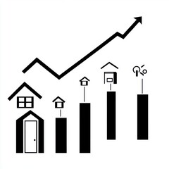 Poster - Stylized black and white illustration of houses with an upward trend graph, symbolizing growth in real estate market.