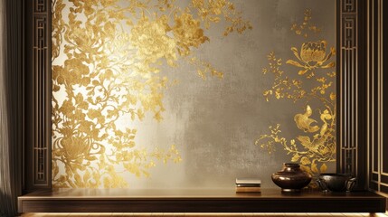 Poster - Elegant golden floral wall art contemporary interior digital artwork minimalist design close-up view aesthetic inspiration