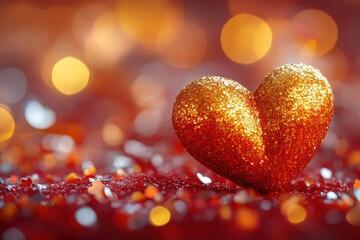 Poster - A golden heart-shaped object sits on a bright red background, symbolizing love and affection