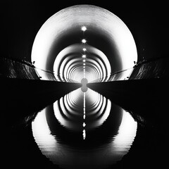 Poster - A striking black and white image of a tunnel with light reflections creating a mesmerizing pattern.