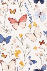 Poster - Colorful butterflies and flowers arranged on a white background