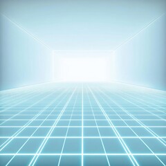 Poster - A futuristic, bright room with a glowing grid floor and walls, creating a sense of depth and openness.