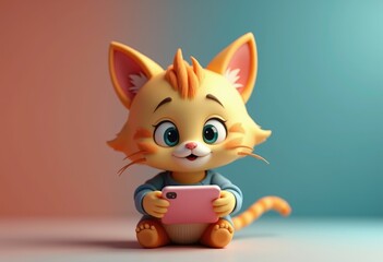 Poster - Cute cartoon cat in blue clothes looking at a pink phone.