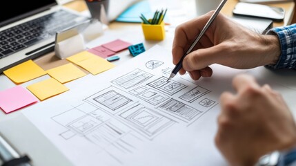 Poster - Creative design process sketching ideas at a workspace concept development professional environment overhead view