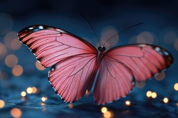 Poster - A pink butterfly perched on a blue surface, perfect for backgrounds or illustrations