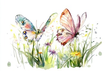 Poster - Three colorful butterflies flutter among vibrant flowers in a lush green meadow