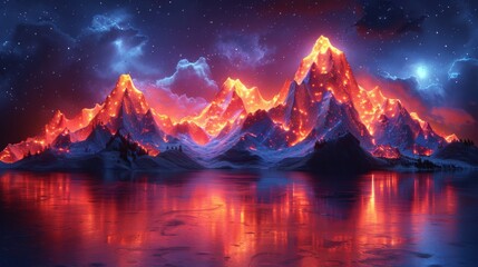 Poster - craft a neon display of mountain landscape symbols, featuring illuminated
