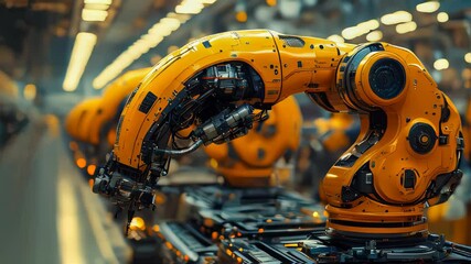 Poster - Advanced yellow robotic arm assembling electronic components on a production line in a high-tech factory setting