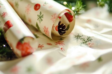 Wall Mural - A pine cone sits atop a colorful wrapping paper roll, perfect for a rustic or nature-inspired theme