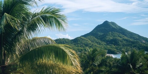 Poster - Mountain scenery with a solitary palm tree in the foreground, suitable for use as a background or travel image
