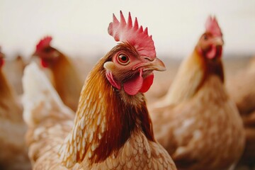 a group of chickens standing together, possibly on a farm or in a backyard
