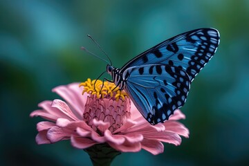 Poster - A blue butterfly perched on the petals of a bright pink flower, ready to take flight