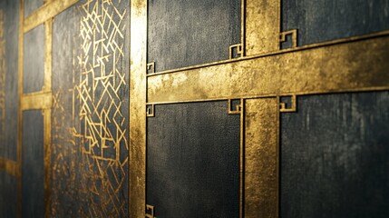 Poster - Intricate golden wall design art installation modern gallery indoor close-up decorative aesthetics