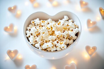 Aufkleber - A romantic setting with a heart-shaped bowl of popcorn and candles, perfect for a cozy movie night or a special occasion