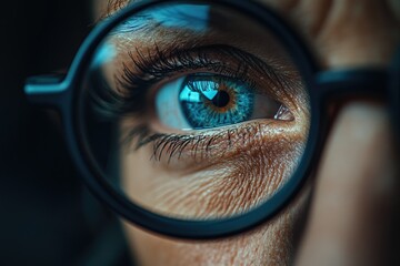 Poster - Close-up view of a person's eye seen through a magnifying glass, suitable for scientific or educational purposes