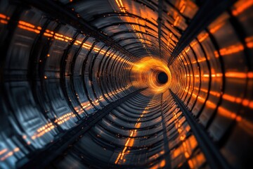 Poster - A dark tunnel with a spiral shape and orange lights at its center, suitable for use in interior design, architecture, or futuristic concept illustrations