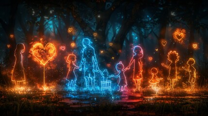 Poster - produce a neon set of family interaction symbols, including shimmering