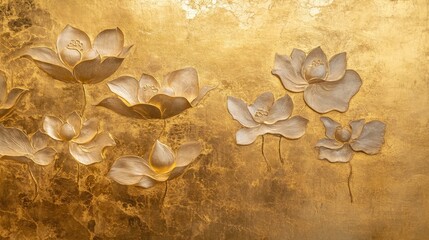 Poster - Elegant white lotus flowers on golden background floral art decorative design serene environment close-up view nature's beauty