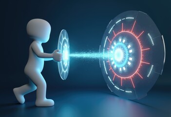 Fototapete - A 3D character using a futuristic shield to activate a glowing interface.