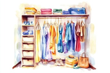 Poster - A watercolor painting of a cozy closet filled with various clothing items