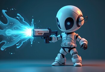 Poster - A small white robot with a blue energy beam coming out of its gun.