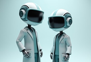 Poster - Two robots wearing lab coats and helmets stand side by side.