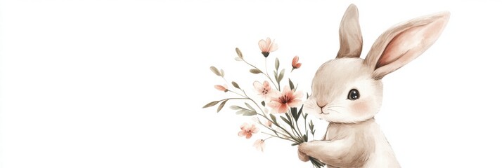 Poster - Cuddly rabbit holding a bouquet of flowers with space for message and decoration. Generative AI