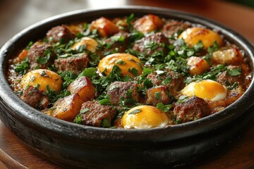 Poster - A dish of mixed meat and eggs served with fresh parsley leaves