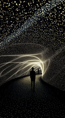 Wall Mural - A dark, faceless silhouette stands at the entrance of a tunnel shaped like a face, formed by glowing stars, with starlight patterns scattered across its skin against a black background.