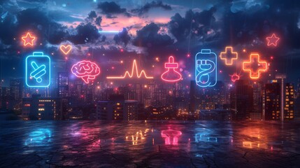 Poster - Craft a neon display of healthcare facility symbols, including vibrant