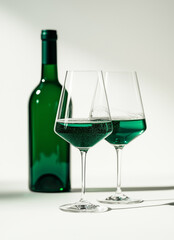 Wall Mural - Wine glasses filled with green liquid  stand in front of an emerald green bottle of white wine, set against a white background.