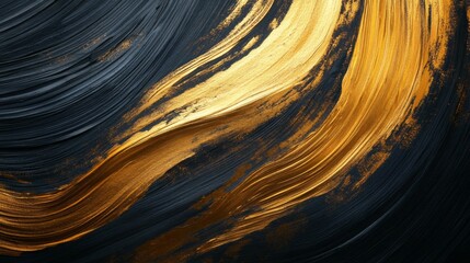 Poster - Dynamic golden brushstroke on black canvas abstract art creation modern studio environment close-up viewpoint aesthetic composition