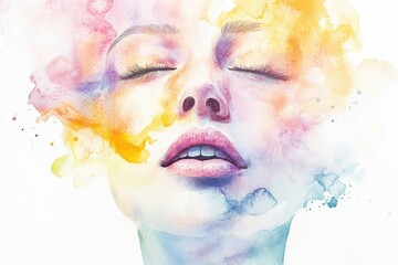 Wall Mural - A watercolor illustration of a woman with her eyes closed, ideal for use in editorial or personal projects