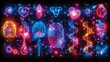 Create a neon collection of health symbols, including glowing hearts