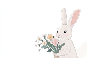 Poster - Cuddly rabbit holding a colorful bouquet of flowers in a joyful and charming illustration with space for text. Generative AI