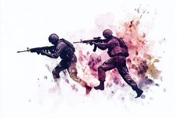 Poster - Two soldiers holding firearms standing together, possibly on patrol or during a mission
