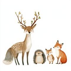 Aufkleber - Forest animals including a deer, hedgehog, and foxes gathered together in a serene woodland setting. Generative AI