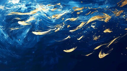 Poster - Dynamic flow of golden feathers underwater ocean depths abstract art fluid environment aerial perspective surreal concept
