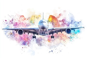 Poster - A commercial airliner soaring through a vibrant, puffy cloud formation